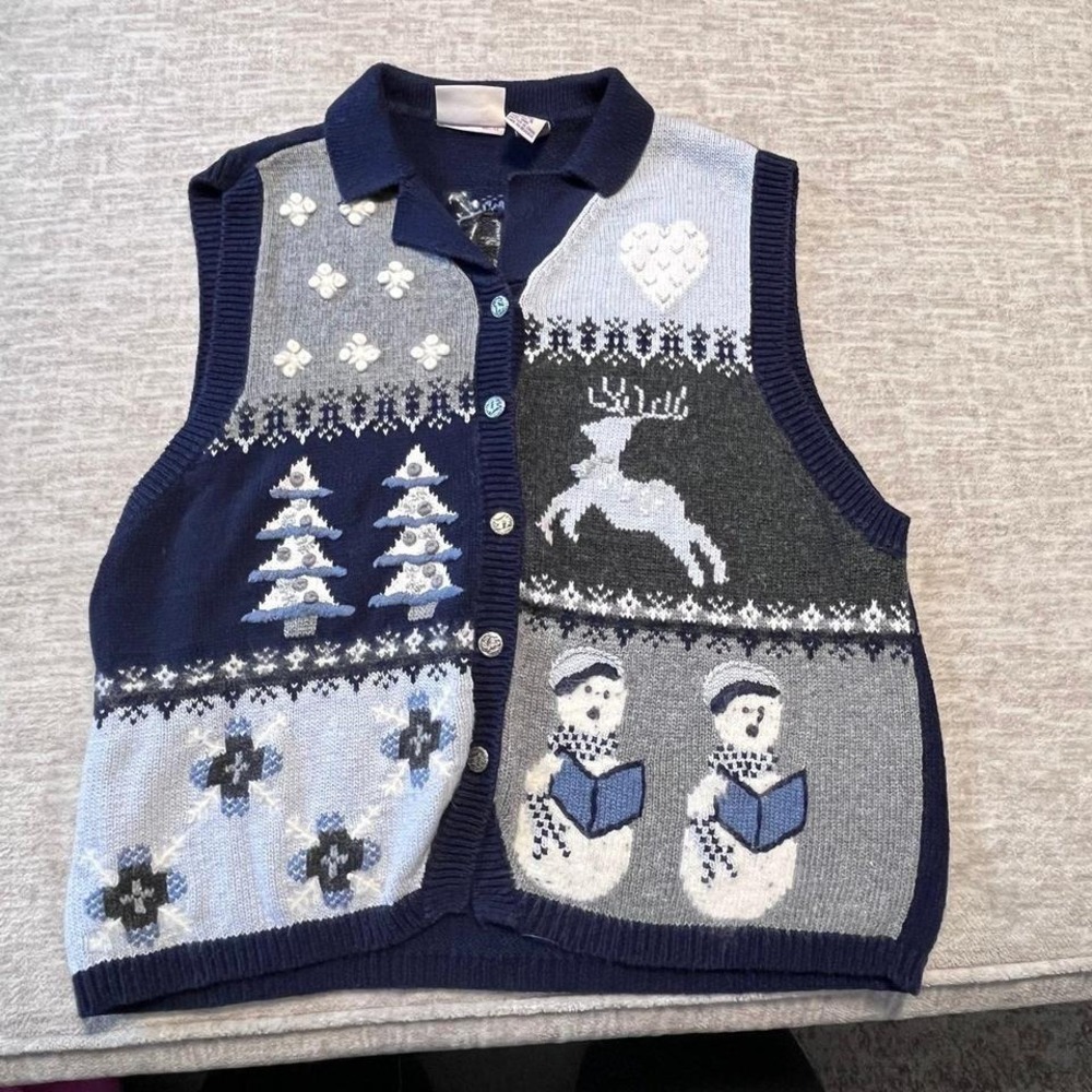 Vintage NorthCrest Holiday Sweater Vest XL Reindeer Snowman Christmas‎ Knit
